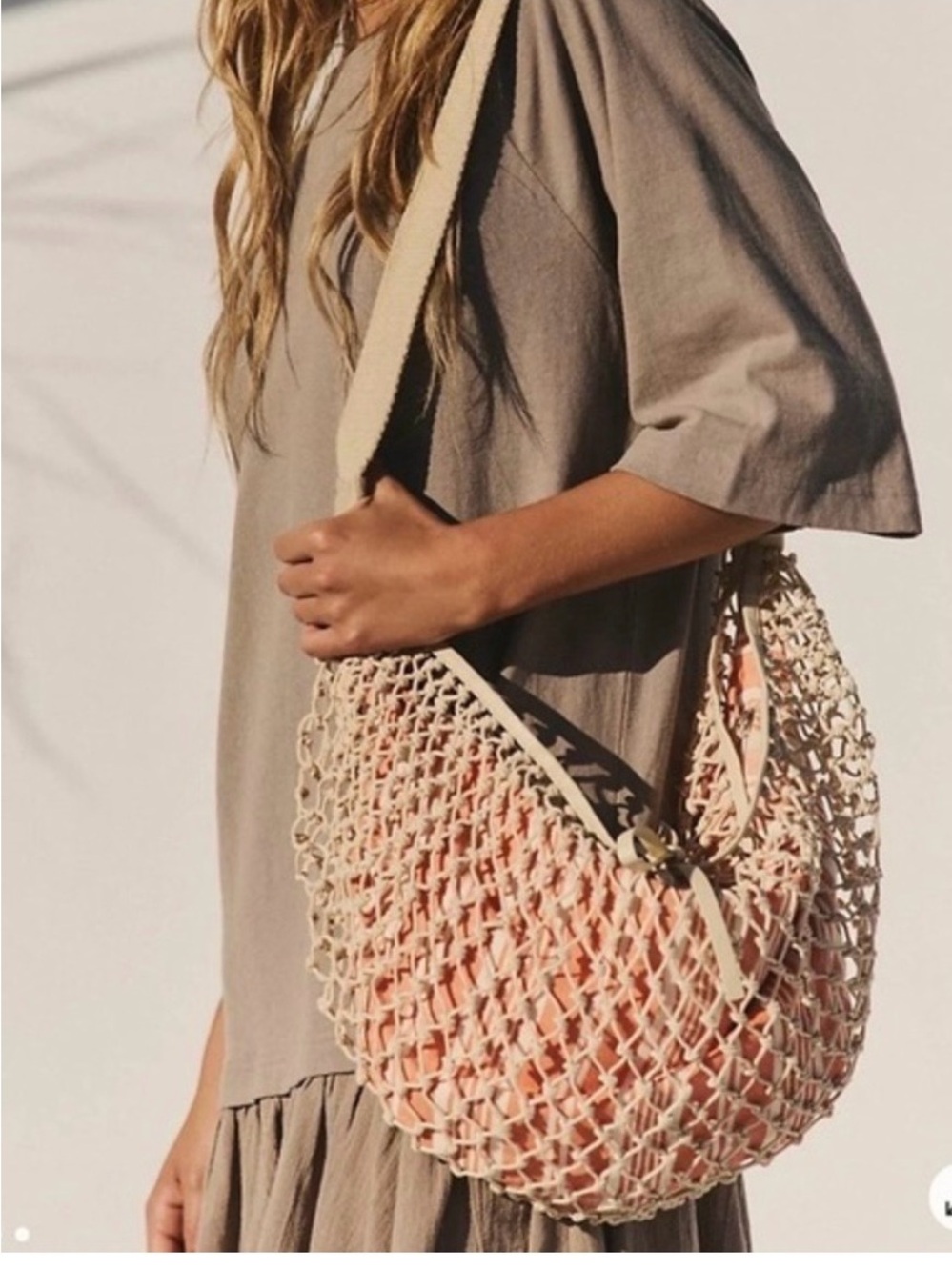 Free People Cream Macramé Hobo with Peach Liner